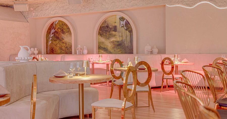 The room set for a corporate event